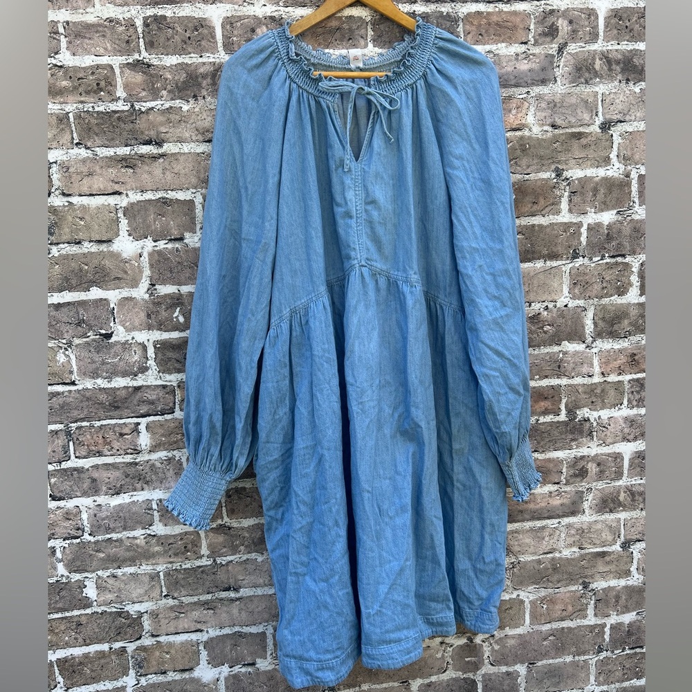 Old Navy XL Tall chambray Denim peasant Blue balloon puff Sleeve Dress - Picture 2 of 7